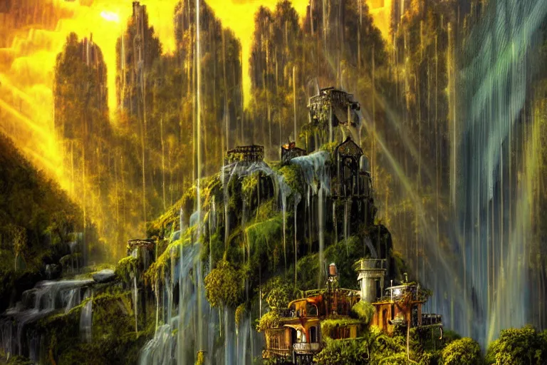 Image similar to gothic waterfall favela honeybee hive, art nouveau environment, crepuscular rays, industrial factory, award winning art, epic dreamlike fantasy landscape, ultra realistic,