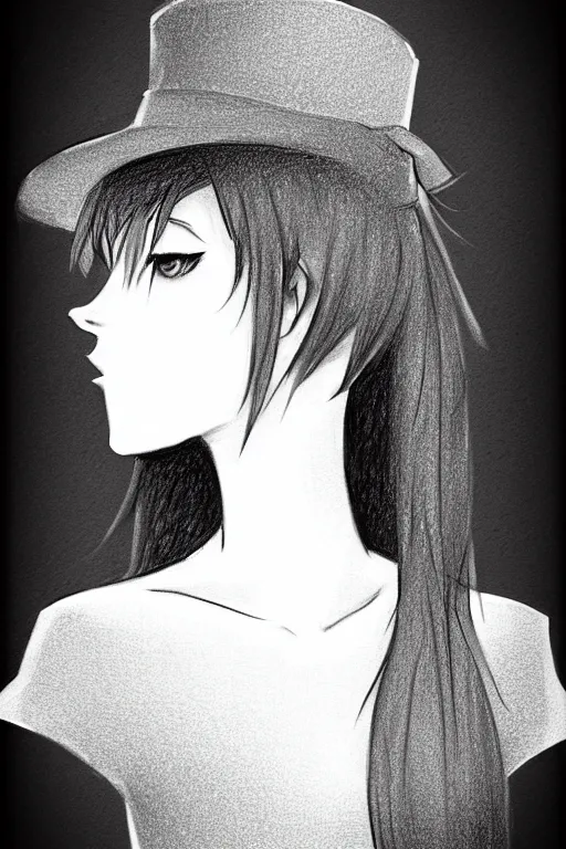 Prompt: highly detailed, beautiful teenage girl in a tall black top hat, pencil sketch, gray scale, anime style