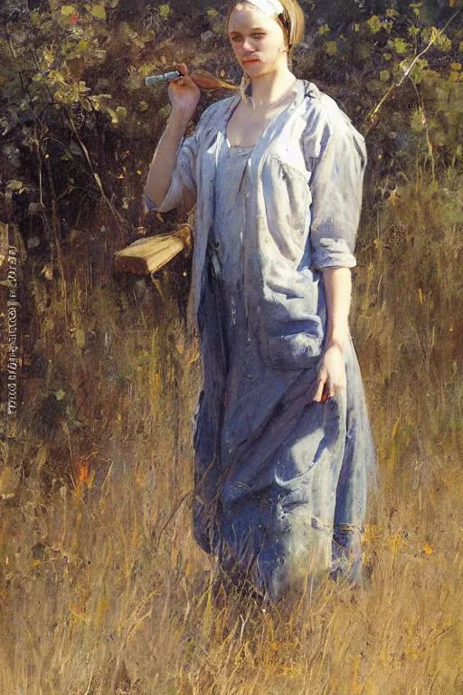 Image similar to Solomon Joseph Solomon and Richard Schmid and Jeremy Lipking painting full length portrait painting of a young woman going to work in the field