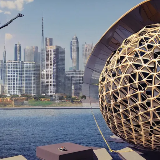 Prompt: an hd photo of the exterior of a floating bedroom being lifted by geodesic spheres tied to it, while floating over a city in the style of syd mead