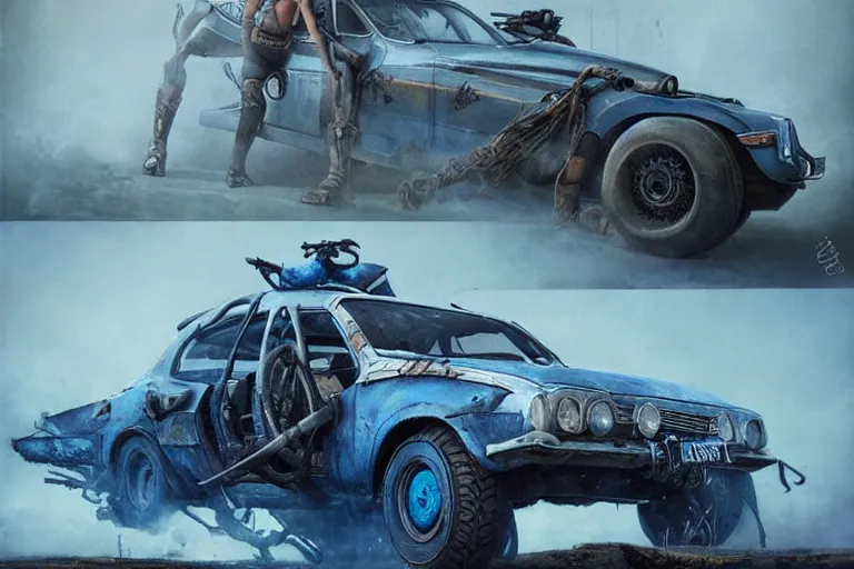 Image similar to a Dacia 1310, in Mad Max style, coriolios rpg art style, full of details, dark sci-fi, cold blue colors, matte painting, artstation, 8k, hyperrealistic, style of peter mohrbacher