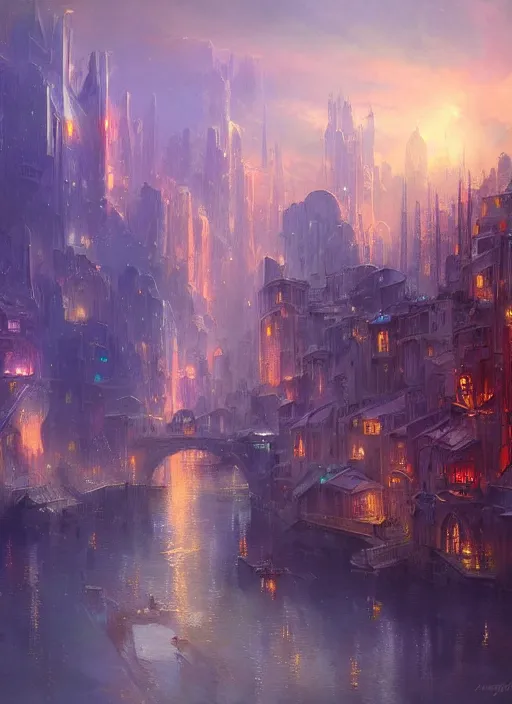 Image similar to ethereal starlit city of magic lost in time at sunset, art station, italian futurism, matte painting, johan grenier, hd, digital painting