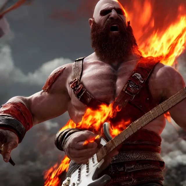 Prompt: sunglasses wearing kratos rocking out on a burning stratocaster guitar, cinematic render, god of war 2 0 1 8, playstation studios official media, sunglasses, lightning
