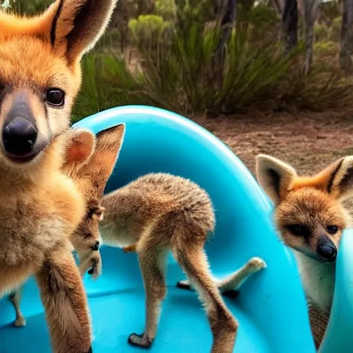 Image similar to baby dingo, baby emu, baby kangaroo, all playing together and eating vegemite sandwiches in a ballpit in the outback