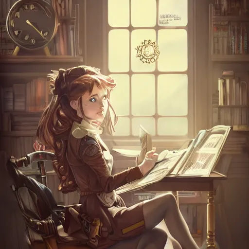 Prompt: a steampunk detective girl sitting in her office reading a newspaper | | cute - fine - face, pretty face, fine details by stanley artgerm lau, wlop, rossdraws, james jean, andrei riabovitchev, marc simonetti, and sakimichan, trending on artstation