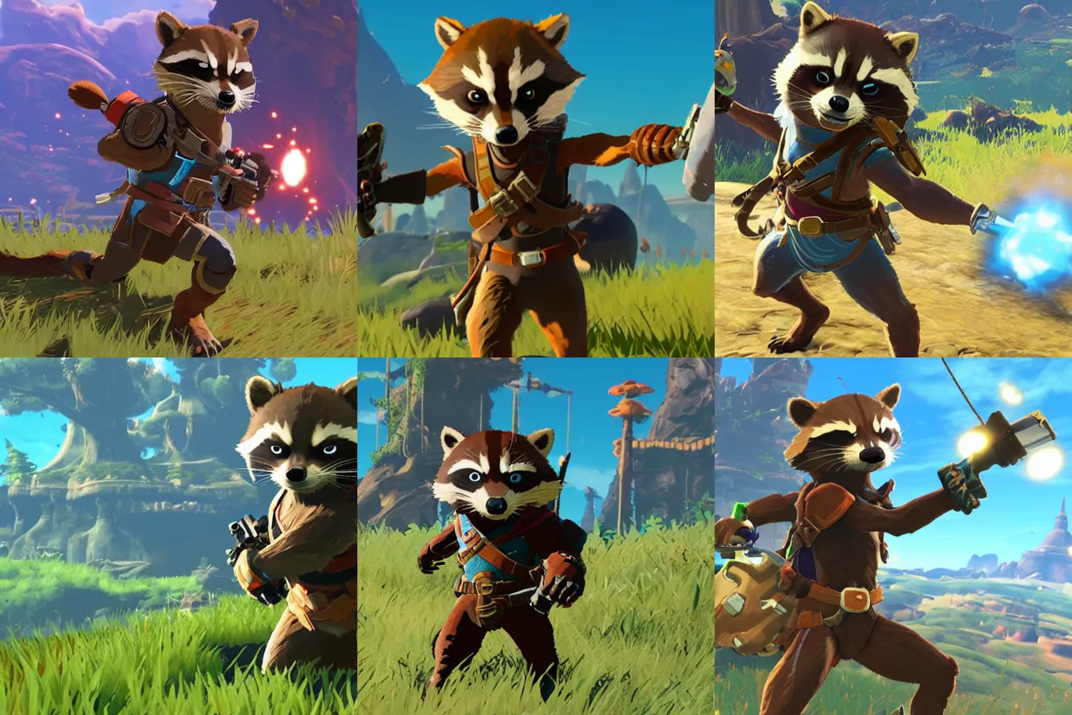 Prompt: a screenshot of rocket raccoon in breath of the wild