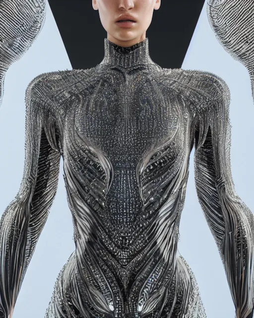 Image similar to a highly detailed metahuman 8 k close up render of bella hadid in iris van herpen dress made in unreal engine 4