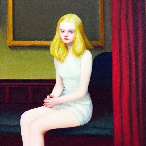 Prompt: Painting of Elle Fanning shining a flashlight, long blonde hair, delicate, pale milky white porcelain skin, very dark night, by Edward Hopper. 8K. Extremely detailed.