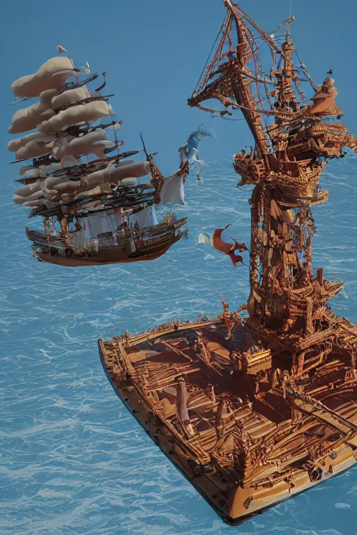 Image similar to a umberto brunelleschi and tsukioka yoshitoshi 3 d render of enormous robotic hands grabbing a pirate ship in the middle of the ocean, 1 9 9 8 render