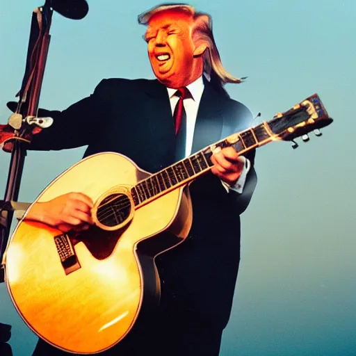 Prompt: donald trump at a concert with playing guitar, long hair, kodak portra 4 0 0 color negative film