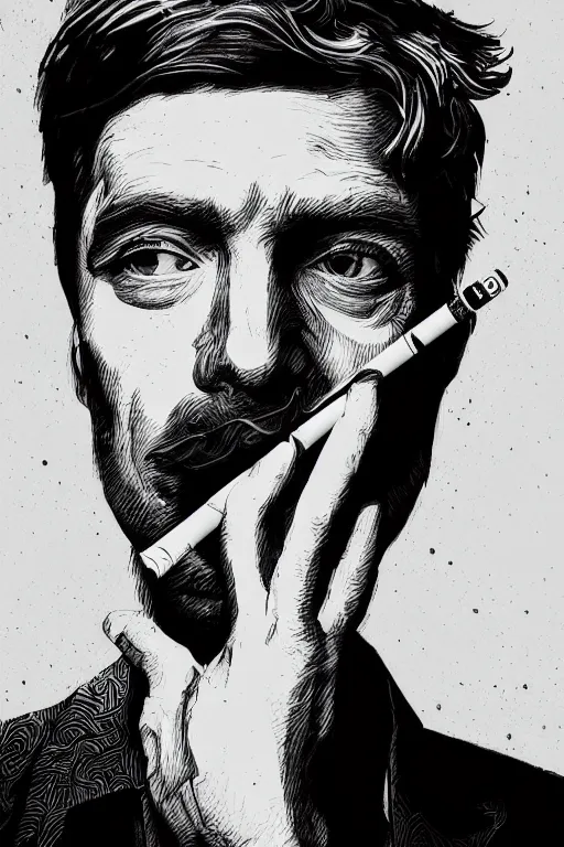 Image similar to hyperdetailed portrait of a man smoking a cigarette, by nicholas delort, artstation, smooth, graphic black and white. intricate, elegant, central composition, golden ratio,