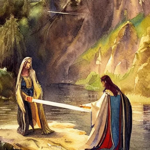 Prompt: “watercolor painting of the lady of the lake giving the sword to King Arthur, 8k”