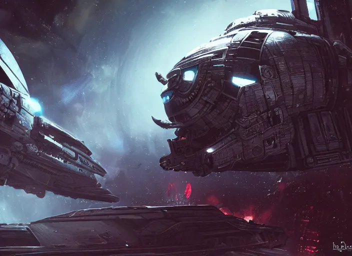 Image similar to spaceship flying in dark space, dark space, warhammer 40k artwork, dead space artwork, horror, sci-fi, action shot, cyberpunk, industrial, old, unreal engine 5, photorealistic, detailed, old, desolate, , sleek, futuristic, alien, white, blue, purple, trending on artstation, detailed, intricate, steampunk