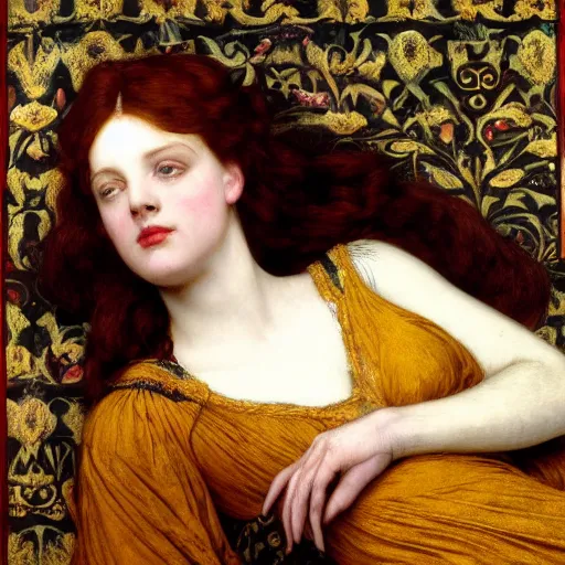 Image similar to preraphaelite photography reclining on bed, a hybrid of judy garland and ada lovelace, aged 2 5, big brown fringe, yellow ochre ornate medieval dress, john william waterhouse, kilian eng, rosetti, john everett millais, william holman hunt, william morris, 4 k