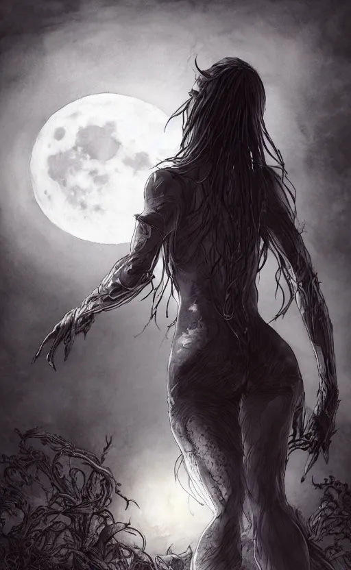 Image similar to book cover art, female dark witch from behind in front of the full big moon, watercolor, dramatic lighting, cinematic, establishing shot, extremely high detail, foto realistic, cinematic lighting, pen and ink, intricate line drawings, by Yoshitaka Amano, Ruan Jia, Kentaro Miura, Artgerm, post processed, concept art, artstation, matte painting, style by eddie mendoza, raphael lacoste, alex ross