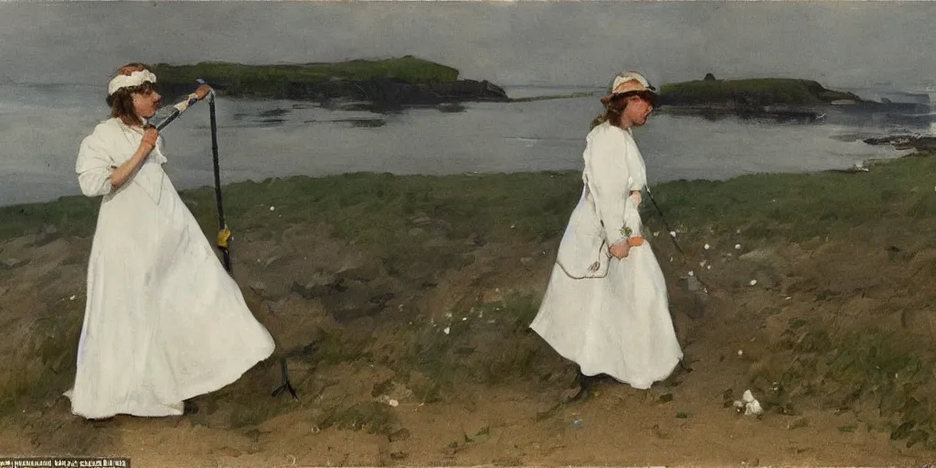 Image similar to A young Edwardian woman wearing a white dress, uses a metal detector on a beach in Sweden, in the style of Anders Zorn