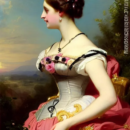 Image similar to beautiful painting of a queen by franz xaver winterhalter, highly detailed, vivid, romanticism, 1 8 6 0 s style art, high quality, elegant, fancy