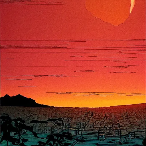 Prompt: a beautiful painting of a gorgeous sunset illuminating a sea of lost souls by moebius and studio ghibli