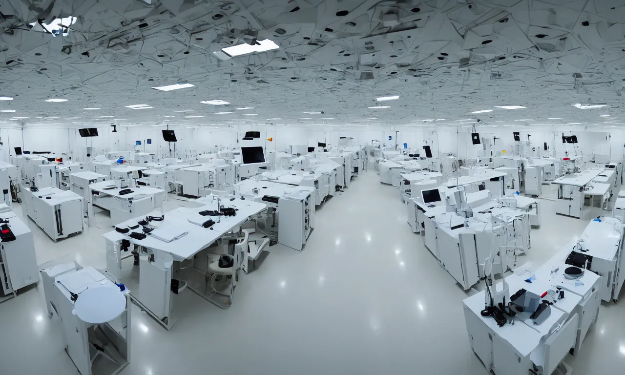 Prompt: inside of secret military laboratory, technology, bright, white, big space, laboratory equipment