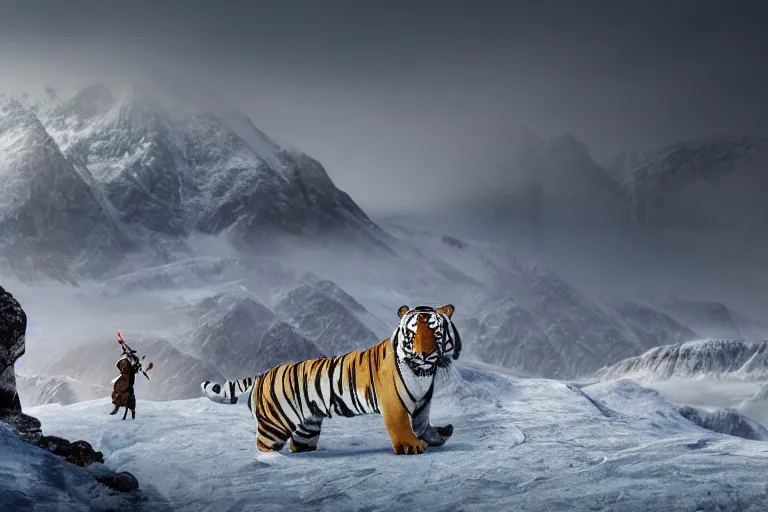 Image similar to a photo - realistic arctic landscape in wide angle, majestic snow - topped mountains in the background ( all white ), a tiger and an indian warrior woman ( intricate armor in earthern red ) in the foreground, wide angle, 1 8 mm, depth of field, foggy, moody, atmospheric