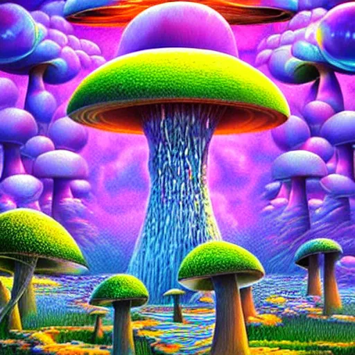 Image similar to lightning mushroom waterfall rave panoramic fantasy rich geometric octane render hyper realism by rob gonsalves, james christensen, alex grey, android jones, lisa frank