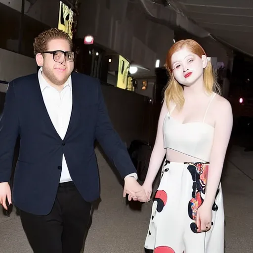 Image similar to Jonah Hill holding hands with Dahyun. Dahyun is so pretty. Jonah Hill is so handsome. They're So SO SO in love. They look cute together and really want to kiss. paparazzi photo.