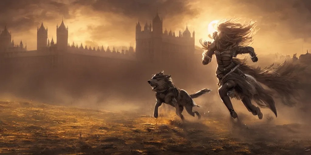 Image similar to a female knight running in the land of doom with a wolf, sunrise background, london, greg rutkowski