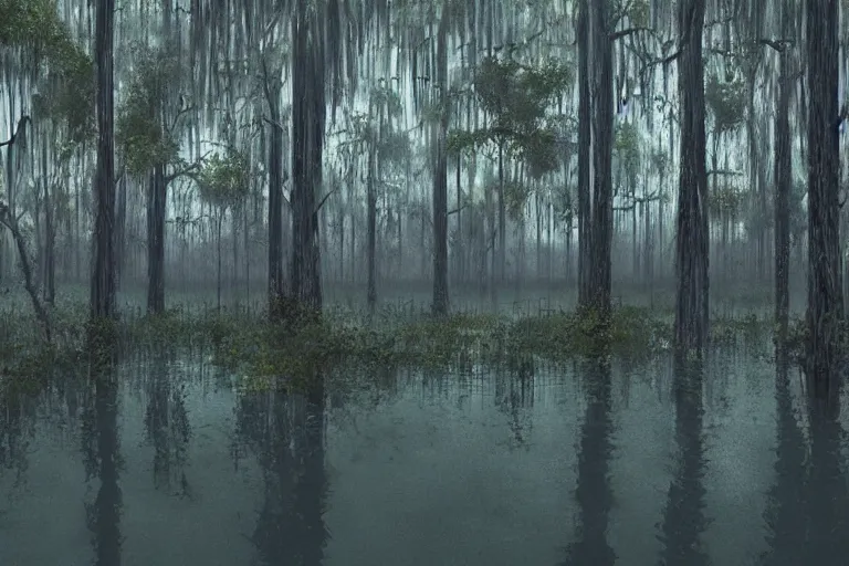 Prompt: scene from louisiana swamps,, neon cross, voodoo, 8 k, hyper detailed, artwork by tim eitel