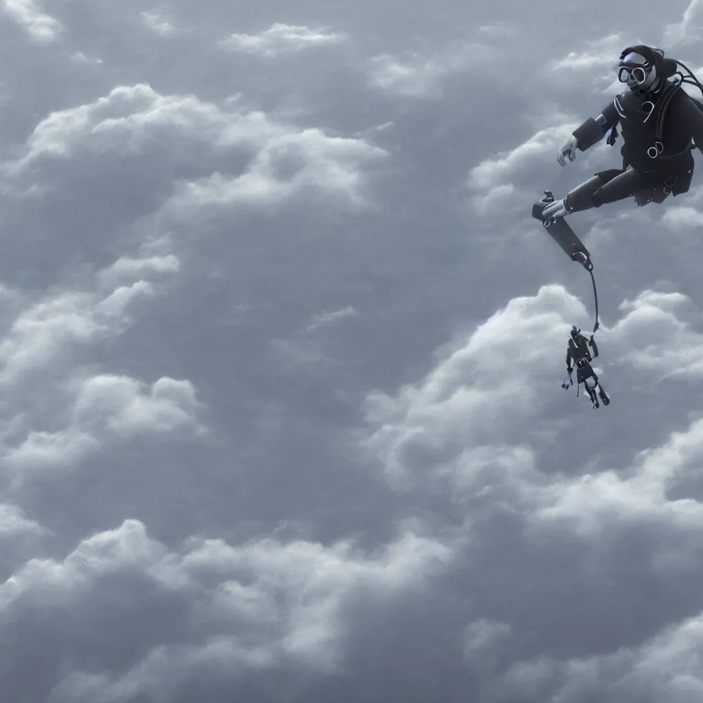 Image similar to a single scubadiver floating above the clouds, closeup, digital drawing