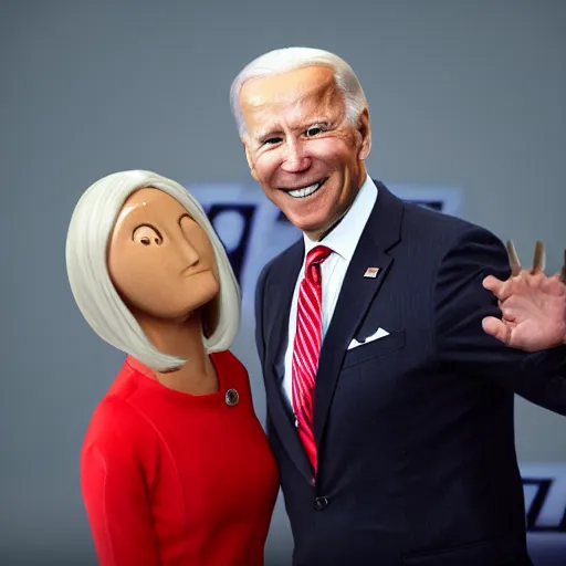 Image similar to photograph of a an alien, gray alien, wearing a blond wig and a red dress and ((Joe Biden)) at a press conference, highly detailed, 4K