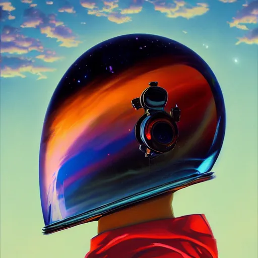 Prompt: cosmic skies in the reflection on an astronaut helmet. Vivid colors, soft lighting, atmospheric, cinematic, moody, in the style of Ilya Kuvshinov and Range Murata, Krenz Cushart, rule of thirds, oil on canvas, 8k.