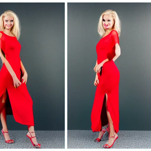 Image similar to photo of slim girl model, blonde, smiling , 20yo, wearing a red dress with high slit, high detail, studio, sharp, 85mm sigma art lens