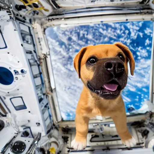 Prompt: a cute labrador puppy floating inside the international space station, realistic, professional photography, 4 k, sharp lens, focus, depth of field