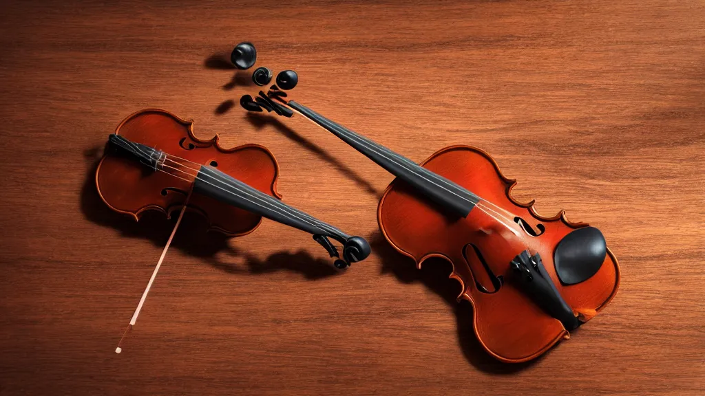 Image similar to a violin on an ancient wood table in victorian house, close up view, 3/4 view, beautiful reflexions, detailed wooden table, photorealistic, photorealism, diffuse light, octane render