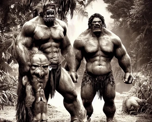 Image similar to hyper realistic group vintage photograph of a live action warcraft orc warrior tribe in the jungle, tall, hulk like physique, detailed faces, tribal paint, tribal armor, grain, old, monochrome, sepia toned, realistic lighting, wide angle