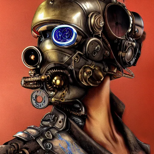 Image similar to photorealistic portrait of a steampunk cyborg