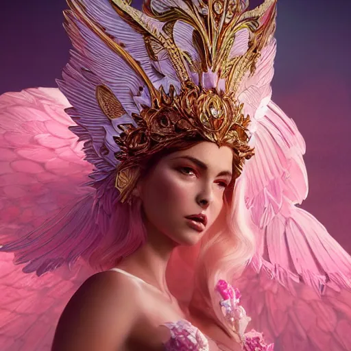 Image similar to expressive full body photo of sophia lauren as beautiful angel, smooth glowing skin, ornate headpiece made from pink flowers, glamour shot, by karol bak, by greg rutkowski, by jeremyg lipkinng, by artgerm, octane render, unreal engine, photorealistic, canon r 3, fashion photography