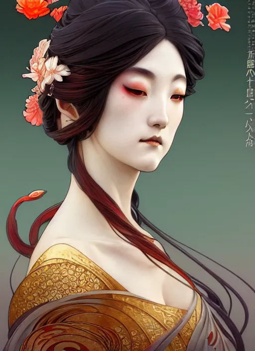 Prompt: side profile centered portrait, japanese goddess of koi fish, by artgerm, cushart krenz, greg rutkowski, mucha. art nouveau. gloomhaven, swirly vibrant ripples, gaudy colors, sharp edges. ultra clear detailed. 8 k. elegant, intricate, octane render