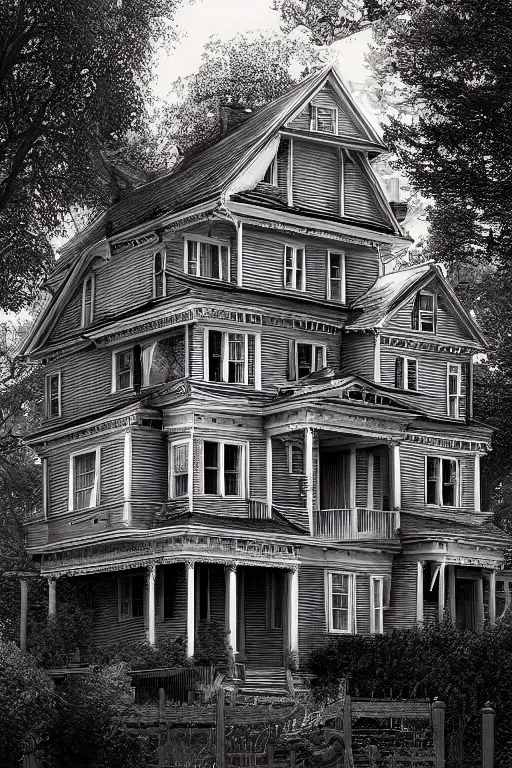 Image similar to line art of the amityville horror house, highly detailed, photorealistic, artstation, smooth, sharp focus, illustration, unreal engine 5, 8 k, art by art by artgerm and greg rutkowski and edgar maxence