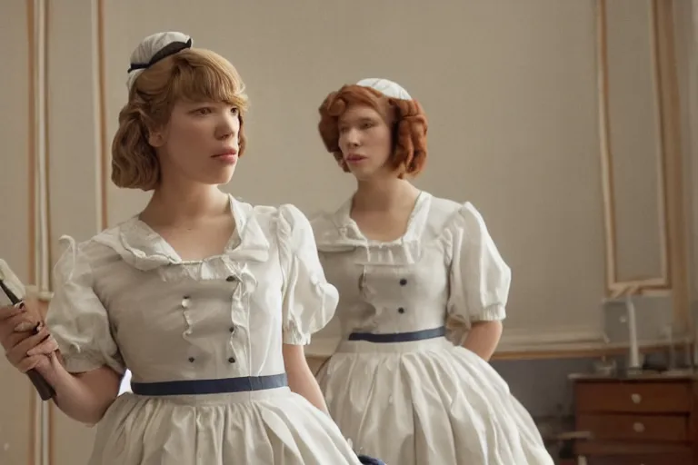 Prompt: close-up of  Léa Seydoux as a maid in the new movie directed by Wes Anderson, movie still frame, promotional image, symmetrical shot, idiosyncratic, relentlessly detailed, limited colour palette