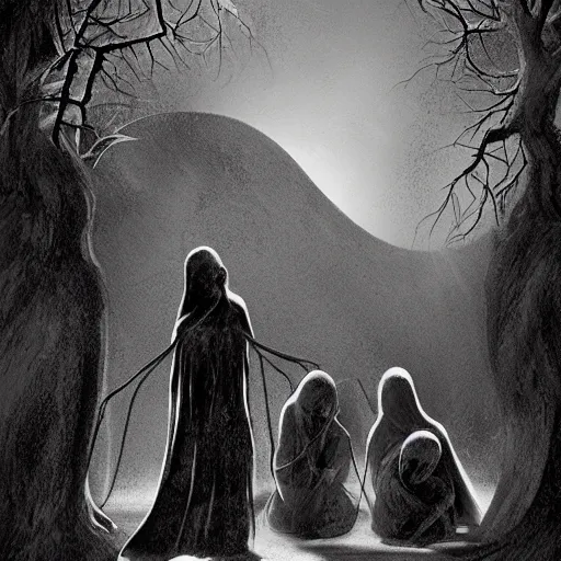 Prompt: The Fates, cave, black and white, digital painting, spider webs, Chiaroscuro, illustration, highly detailed