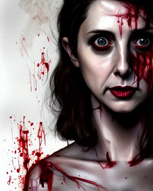 Prompt: gorgeous female Alison Brie, horror movie slasher, holding bloody knife, realistic character concept, violent pose, creepy smile, shorter neck, illustration, symmetrical face and body, realistic eyes, cinematic lighting, hyperdetailed, detailed realistic symmetrical eyes, face by artgerm, symmetrical nose, Tom Bagshaw, single face, insanely detailed and intricate, beautiful, elegant, dark living room background