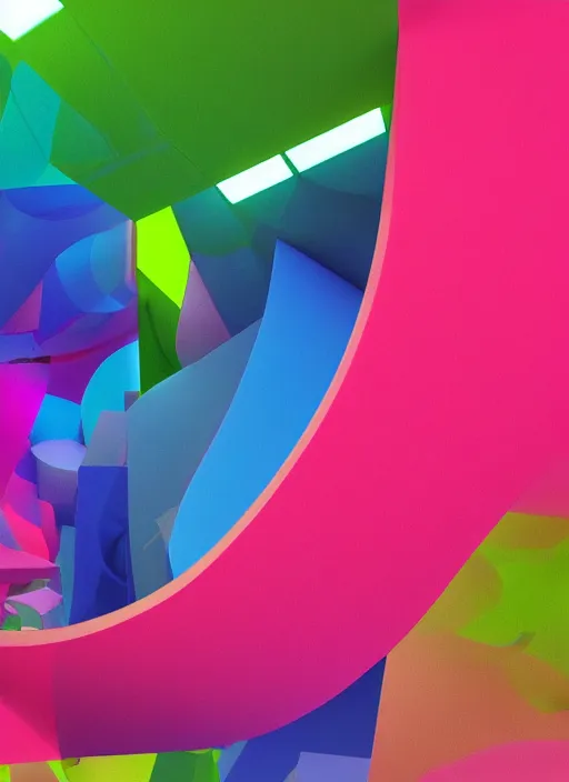 Image similar to : hyperbolic color abstract glossty shapes art installation in museum dalle2 macro lens 3d render unity unrealengine octane