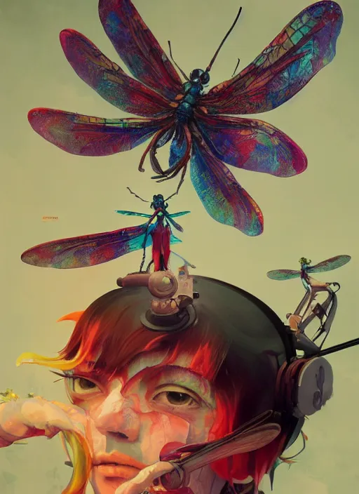 Image similar to surreal gouache painting, by yoshitaka amano, by ruan jia, by Conrad roset, by good smile company, detailed anime 3d render of a Colorful Giant dragonfly sitting on a DJ mixer, portrait, cgsociety, artstation, rococo mechanical and electronic, dieselpunk atmosphere