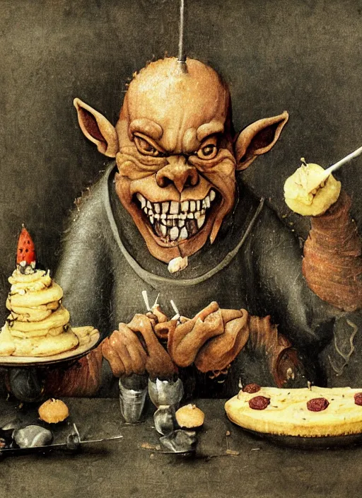 Image similar to medieval goblin eating cakes painted by hieronymus bosch, detailed digital art, trending on Artstation