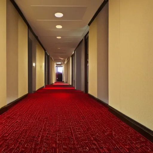 Image similar to An empty hotel hallway, the walls are red and yellow, liminal space