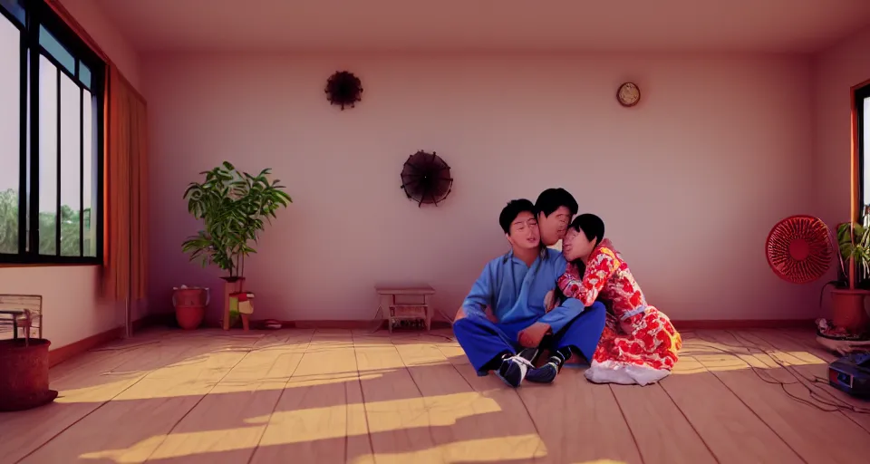 Prompt: 1 9 9 3, disposable camera, flash, pov, wide shot of asian couple hugging at each other, sitting in rural living room, group of mechanical fans placing around the room, day light, colorful mood, high details, octane render, 8 k