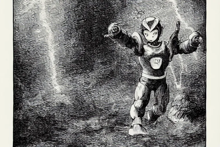 Image similar to Megaman as Pikachu, Gustave Dore lithography