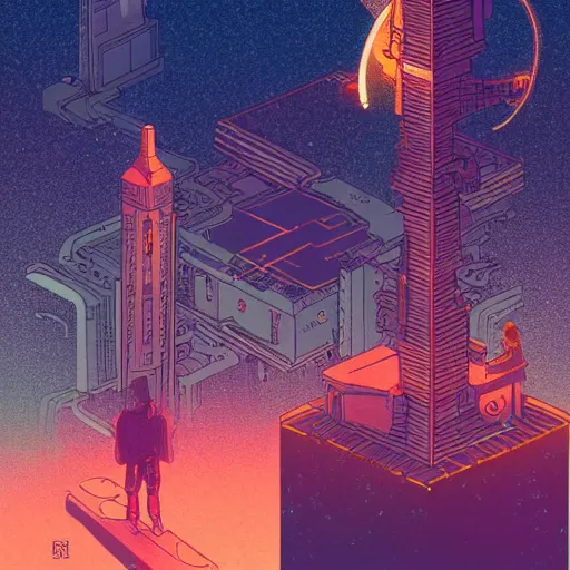 Image similar to Stunningly intricate illustration of a cyberpunk explorer meditating next to a floating triangular glowing monolith, highly detailed, midnight, by Victo Ngai and James Gilleard , Moebius, Laurie Greasley