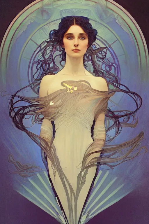 Image similar to an esoteric woman, blending into dust with a beautiful face!!! cinematic lightning, isolated, studio lighting by alphonse mucha and tom bagshaw